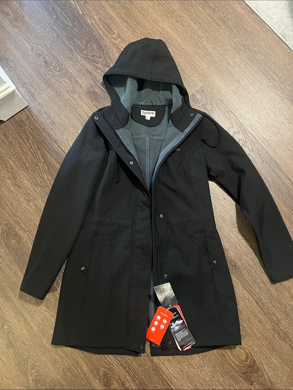 Women’s Black Hooded Trench Coat with Soft Gray Lining